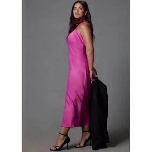 Anthropologie Fuchsia Pink Maxi Slip Dress V-Neck Adjustable Straps M‎